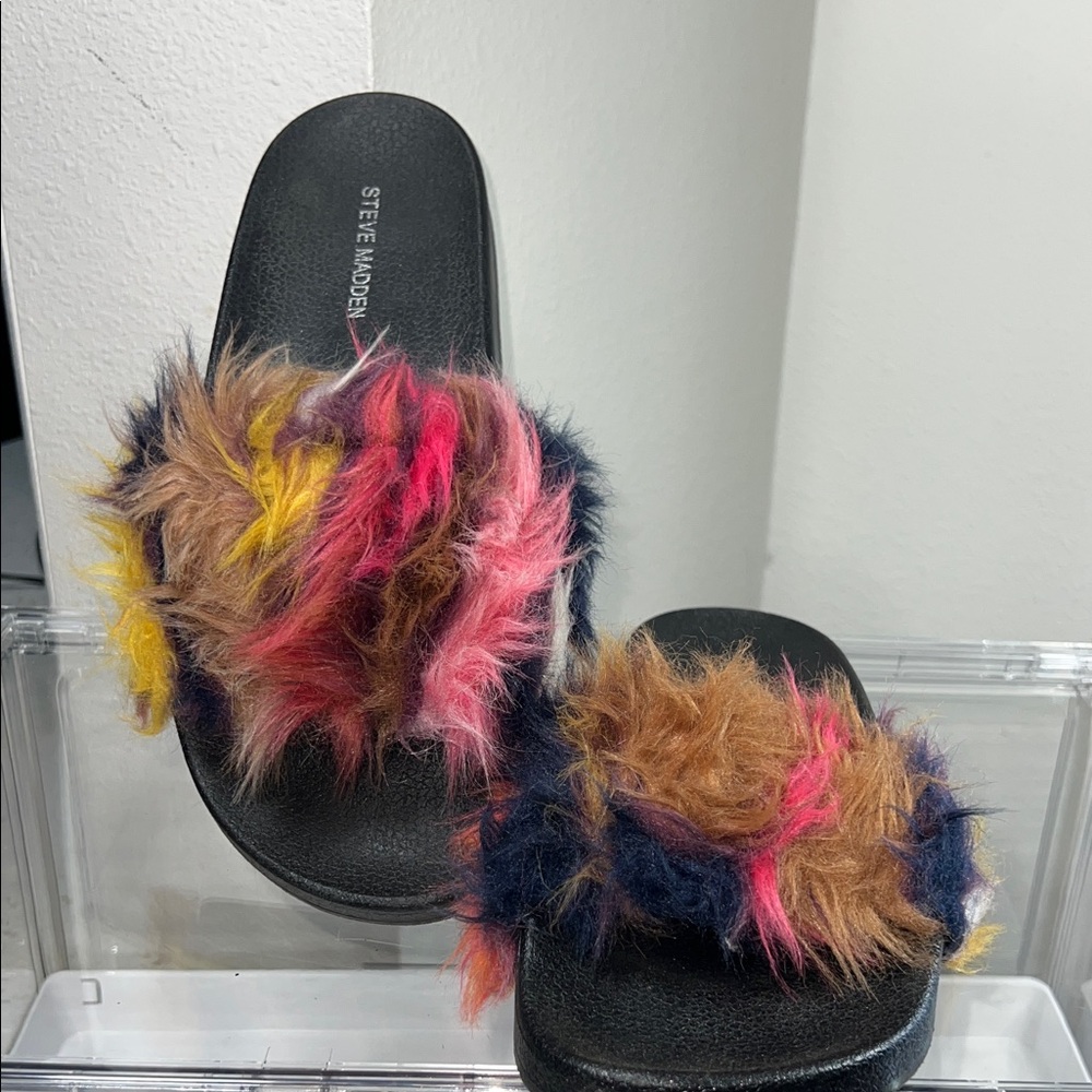 Steve Madden Black Slides with Colorful Faux Fur Strap